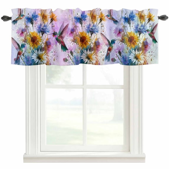 Pink Purple Hummingbird Farmhouse Short Window Curtain Valances, Spring Oil Painting Sunflowers Rod Pocket Kitchen Valances for Living Room Bedroom Bathroom Cafe 54" x 18"