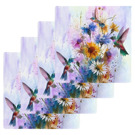 Pink Purple Hummingbird Kitchen Dish Towels for Drying Dishes Set of 4, Spring Oil Painting Sunflowers Waffle Weave Microfiber Hand Tea Bathroom Towels Quick Dry & Absorbent Towel 12x12