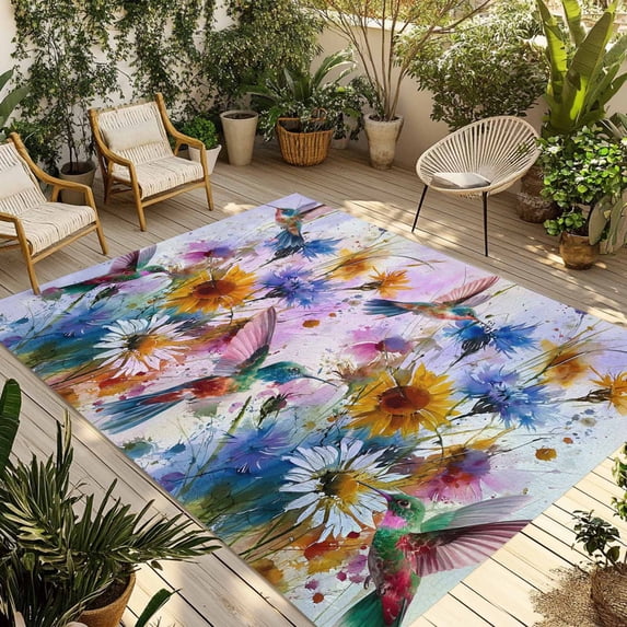 Pink Purple Hummingbird Outdoor Rug for Patio/Deck/Porch, Non-Slip Large Area Rug 3 x 5 Ft, Spring Oil Painting Sunflowers Indoor Outdoor Rugs Washable Area Rugs, Reversible Camping Rug Carpet Runner