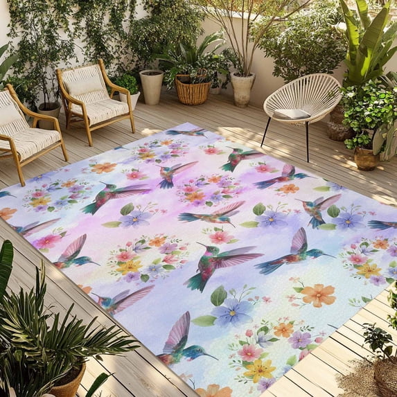 Pink Purple Hummingbird Outdoor Rug for Patio/Deck/Porch, Non-Slip Large Area Rug 3 x 5 Ft, Spring Watercolor Flowers Leaf Plant Indoor Outdoor Rugs Washable Area Rugs, Camping Rug Carpet Runner