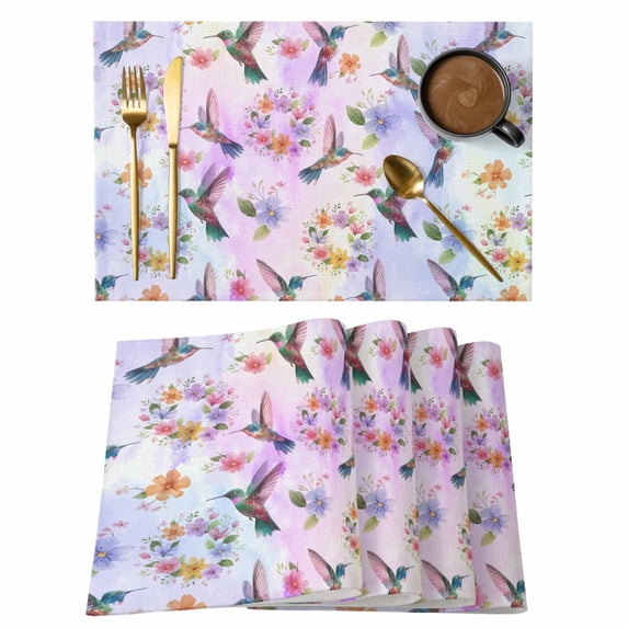Pink Purple Hummingbird Placemats Set of 4, Spring Watercolor Flowers Leaf Plant Placemats for Dining Table, Place Mats for Kitchen Tabletop, Waterproof Wipeable Dining Table Mats Set