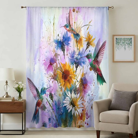 Pink Purple Hummingbird Sheer Curtains 63 Inches Long, Spring Oil Painting Sunflowers Light Filering Curtains, Breathable Simi Curtain Privacy Drapes for Living Room Bedroom Window Treatment
