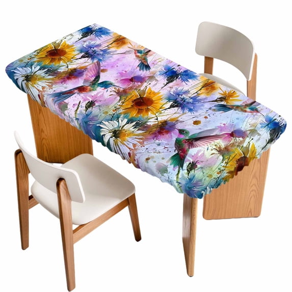 Pink Purple Hummingbird Table Cloths for 6 Foot Rectangle Tables, Spring Oil Painting Sunflowers Patio Waterproof Elastic Fitted Tablecloths, Washable Rectangular Table Cover for Camping