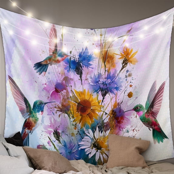 Pink Purple Hummingbird Tapestry for Bedroom Wall Hanging Tapestry, Spring Oil Painting Sunflowers Ceiling Backdrop Tapestries Poster Blanket Wall Decor for Teens Room Living Room Dorm 59" x 79"