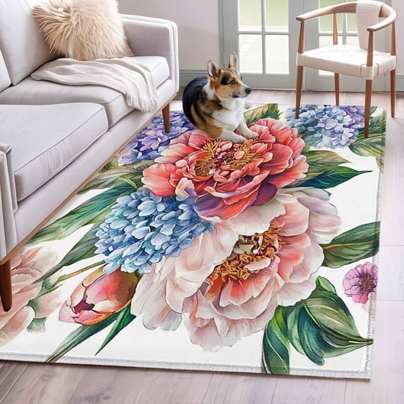 Pink Purple Hydrangea Area Rug 4x6 Washable Rug Non Slip Spring Botanical Blossom Floral Large Area Rug Indoor Floor Carpet for Entryway Bedroom Kitchen Living Room Home Office Dining Room Nursery