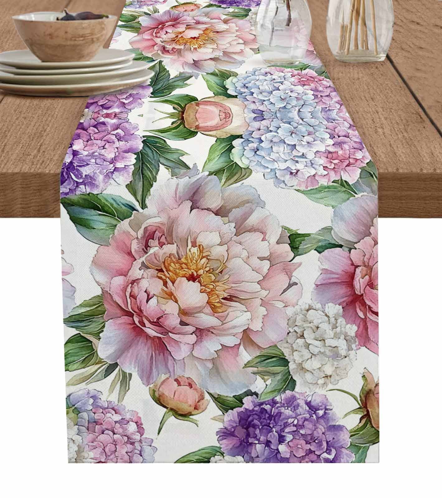 Pink Purple Hydrangea Table Runner 70 Inches, Spring Pastoral Flowers ...