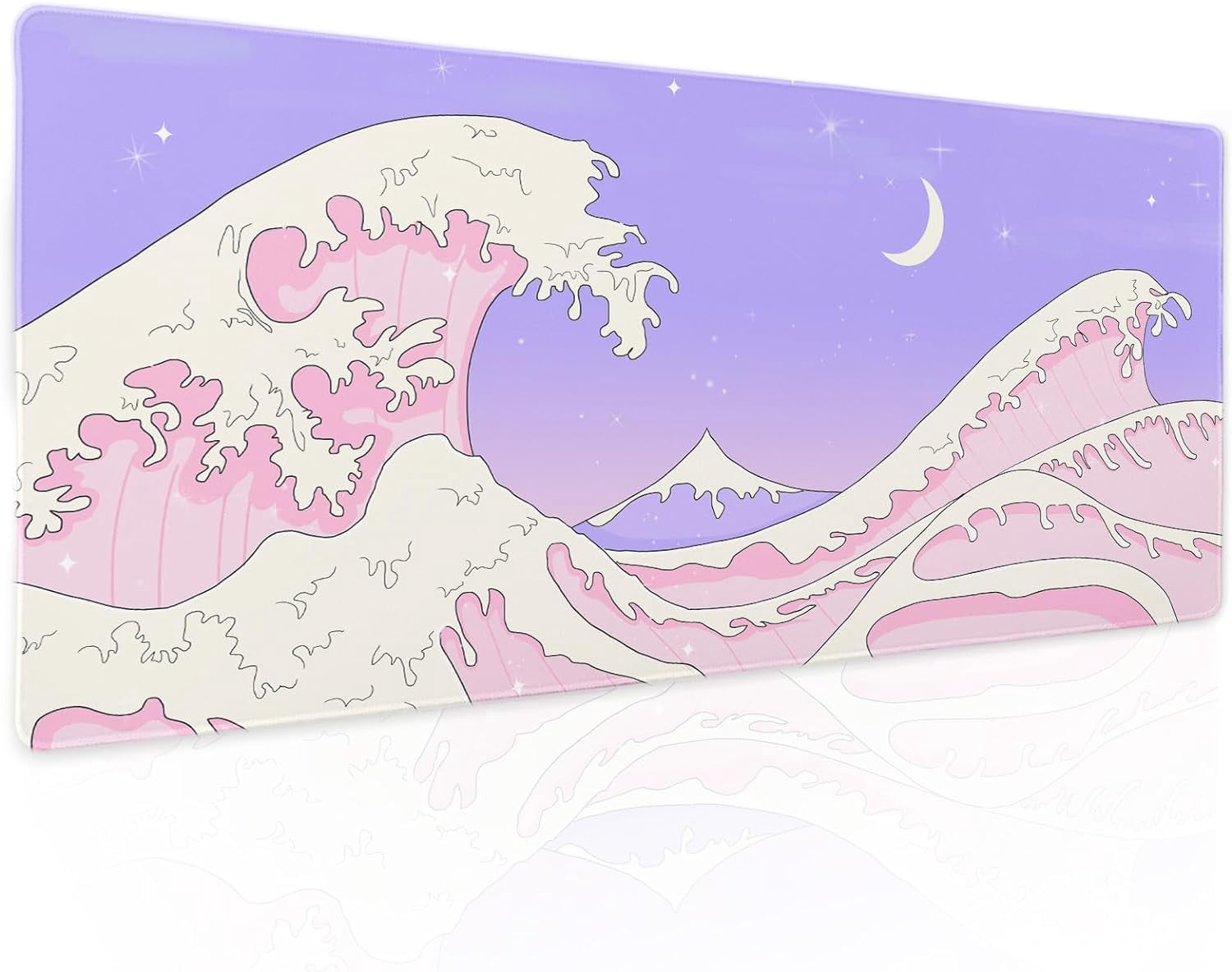 Pink Purple Japanese Anime Gaming Mouse Pad XL Cute Kawaii Aesthetic Sea Wave Extended Large Desk Mat Non-Slip Rubber Base Stitched Edge Long Keyboard Mousepad for PC Computer Laptop,31.5×11.8 in