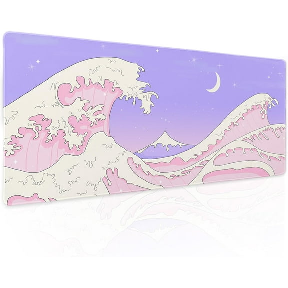 Pink Purple Japanese Anime Gaming Mouse Pad XL Cute Kawaii Aesthetic Sea Wave Extended Large Desk Mat Non-Slip Rubber Base Stitched Edge Long Keyboard Mousepad for PC Computer Laptop,31.5×11.8 in