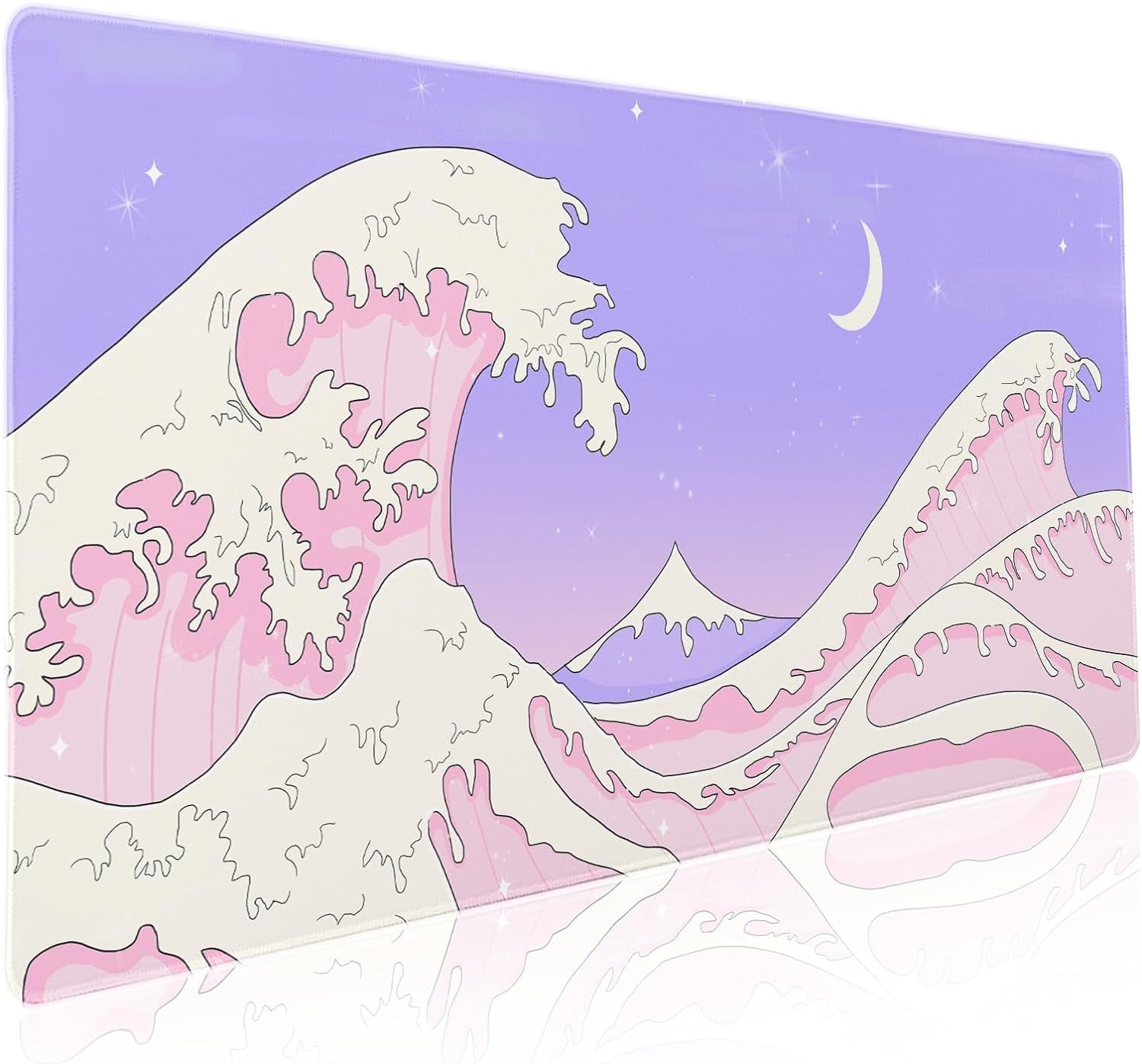 Pink Purple Japanese Anime Gaming Mouse Pad XXL Cute Kawaii Aesthetic Sea Wave Extended Large Desk Mat Non-Slip Rubber Base Stitched Edge Long Keyboard Mousepad for PC Computer Laptop,35.4×15.7 in