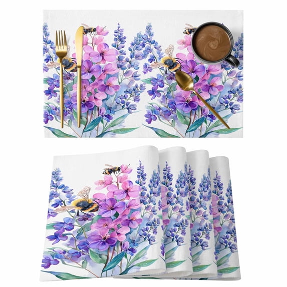 Pink Purple Lavender Placemats Set of 4, Spring Bee Flower Floral Leaf Watercolor Farm Non-Slip Place Mats Washable Table Mats for Kitchen Dining Table Decorations Indoor/Outdoor