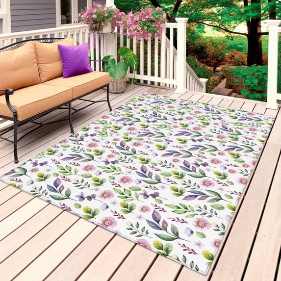 Pink Purple Leaves Outdoor Rug for Patio/Deck/Porch, Non-Slip Large Area Rug 3 x 5 Ft, Pastoral Botanical Wildflowers Floral Indoor Outdoor Rugs Washable Area Rugs, Camping Rug Carpet Runner
