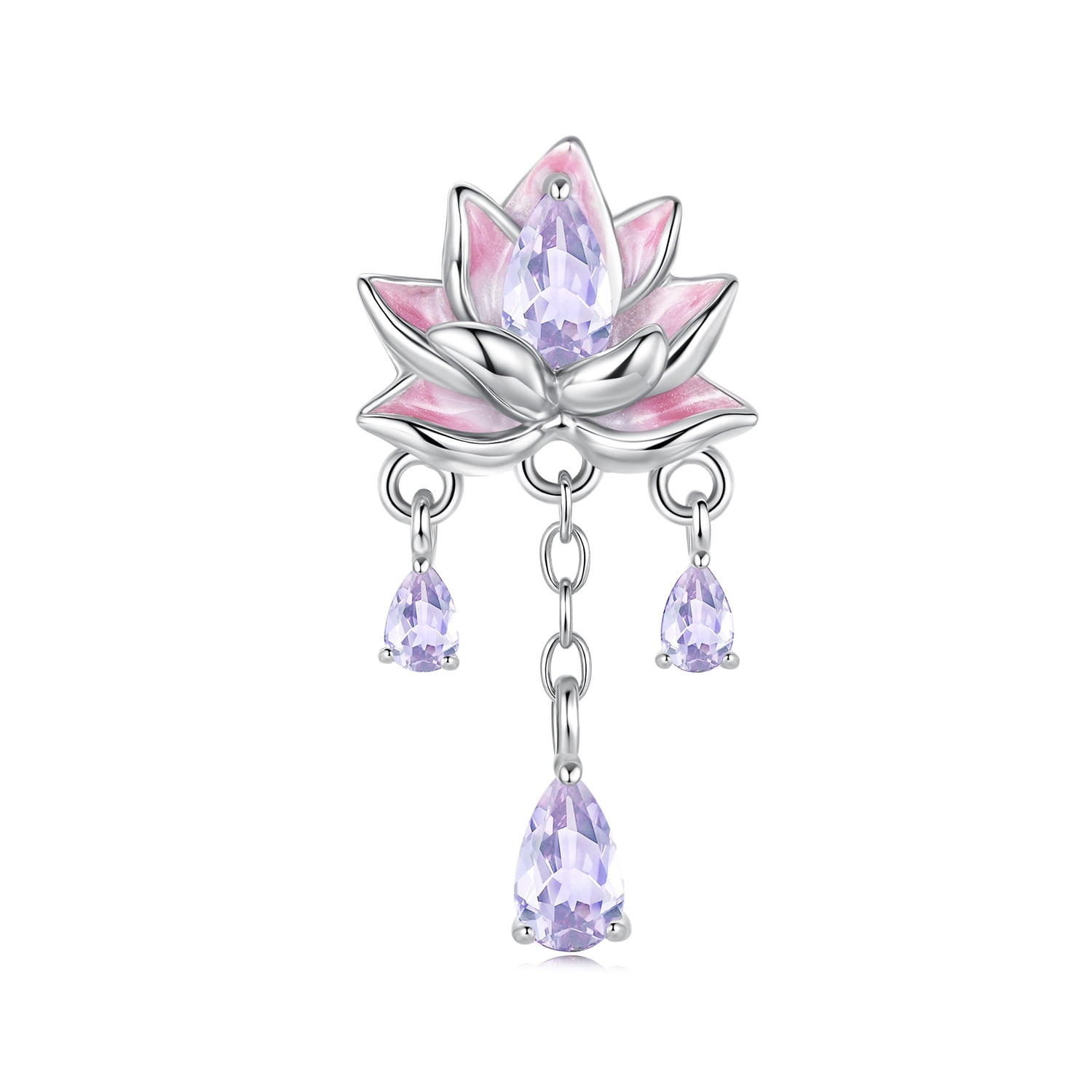 Pink Purple Lotus Tassel Silicone Beads Charm 925 Sterling Silver Charm ,Charm for Bracelets, Gift for Women