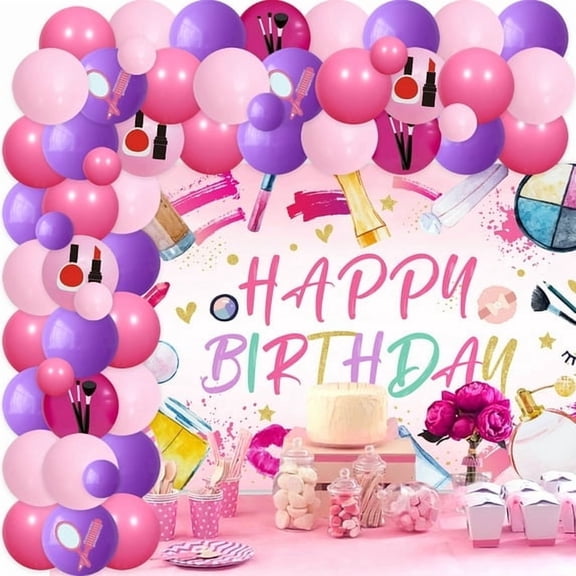 Pink Purple Makeup Theme Birthday Background Cloth Balloon Chain Set - Happy Birthday Background Cloth, Lipstick Foil Balloon, Lip Foil Balloon, Cosmetic Printing Latex Balloon for Party Supplies.