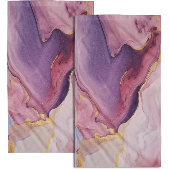 Pink Purple Marble Hand Towel - Marble Ink Bath Face Towels Set of 2 Golden Stone Texture Tea Towels Abstract Painting Beautiful Effect Kitchen Dish Towel Decor