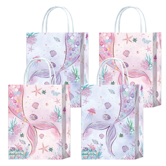 Pink Purple Mermaid Tail Party Gift Bags Colorful Printed Cartoon White Kraft Paper Handheld Bags