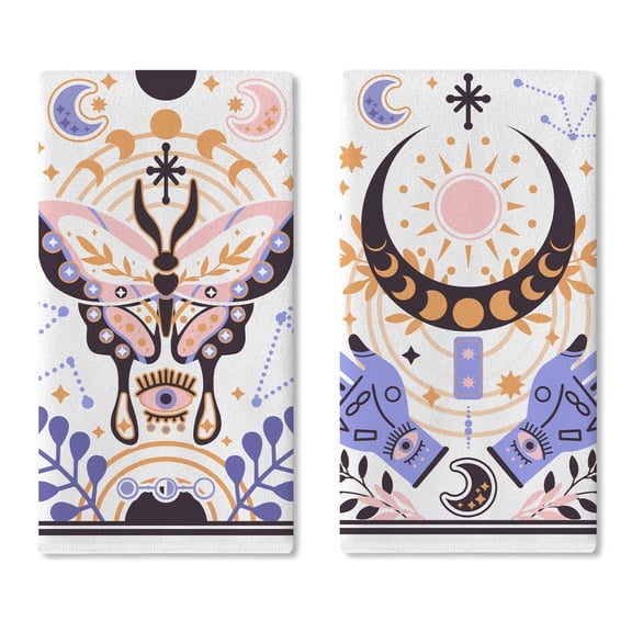 Pink Purple Moon Phase Moth Kitchen Dish Towels Set of 2, Gothic Astrology Witchy Divination Drying Hand Towel Baking Cooking Cloth, Vintage Mystical Constellation Home Decoration 16x24 Inches