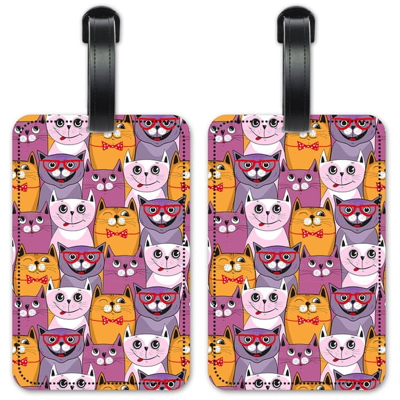 Pink, Purple & Orange Cats - Luggage ID Tags / Suitcase Identification Cards - Set of 2