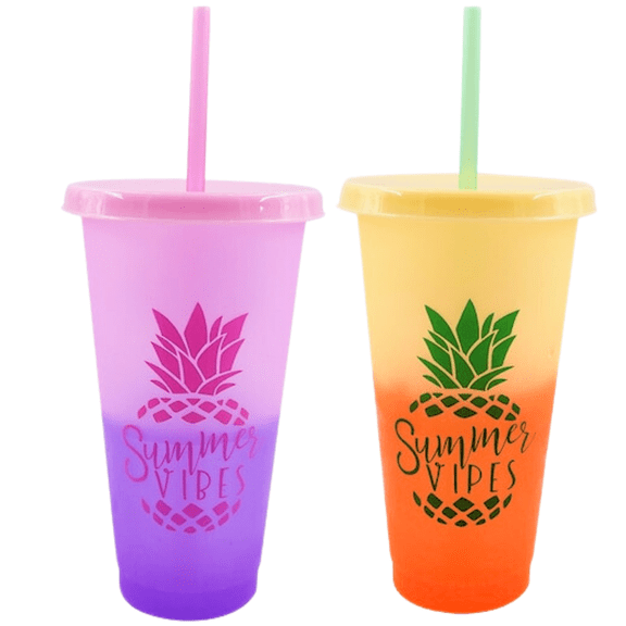 Pink / Purple and Orange / Yellow Color Changing Tumblers with Straw for Home Kitchen Birthday Travel Picnic Summer Beverage Party Favor Drinking Plastic Cup Drinkware Gift Set of 2 w/ Stoorhouer