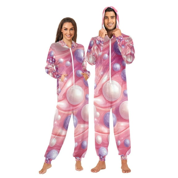 Pink Purple Pearls Adult Onesie Pajamas Slim Fit Christmas One Piece Suit Pjs for Women and Men Hooded Zipper