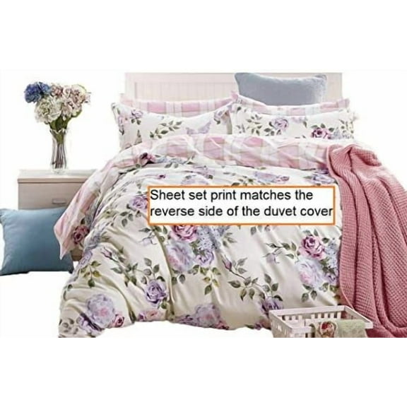 Pink-Purple Roses 100% Cotton Sheet Set : Fitted Sheet, Flat Sheet and Two Matching Pillowcases (California King)