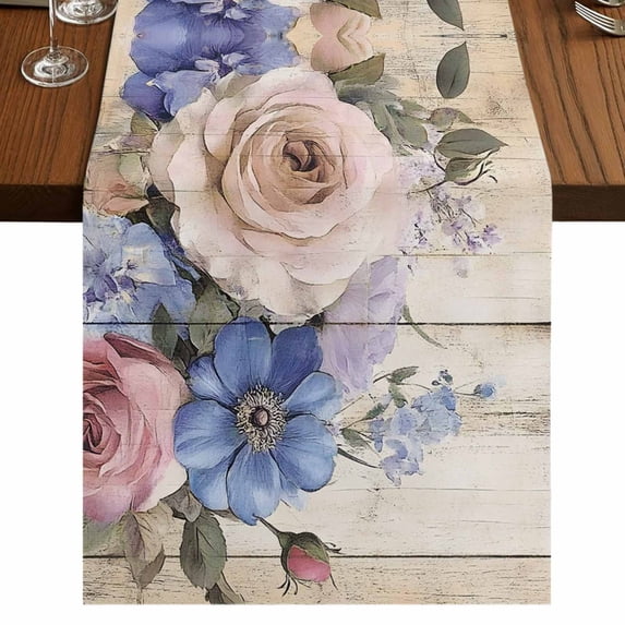 Pink Purple Roses 90 Inch Table Runner, Vintage Spring Botanical Wooden Farmhouse Dresser Scarf Cotton & Linen Tablerunner for Dining/Kitchen Island/Holiday Party Décor 13" x 90"