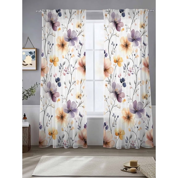 Pink Purple Sheer Curtains 108 Inches Long 2 Panels Yellow Floral Abstract Watercolor Country Floral Light Filtering Semi Sheer Window Curtains Drapes for Bedroom Living Room 52"x108"