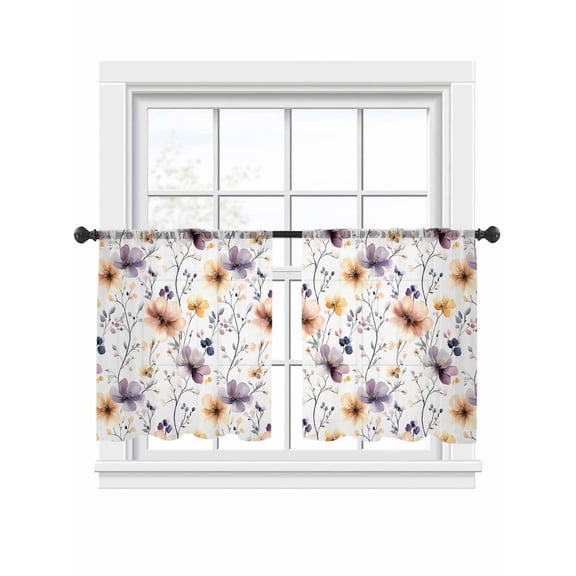 Pink Purple Sheer Curtains 2 Panels Set Yellow Floral Abstract Watercolor Country Floral Sheer Window Curtains Light Filtering Rod Pocket Voile Drapes for Bedroom Living Room 52"x54"