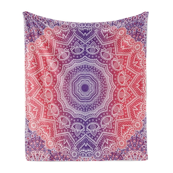 Pink and Purple Soft Flannel Fleece Throw Blanket, Vintage Art in Mandala Print Ombre Myriad Realms Geometry Design, Cozy Plush for Indoor and Outdoor Use, 50" x 70", Violet Hot Pink, by Ambesonne