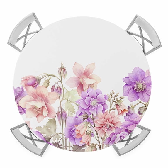 Pink Purple Spring Floral Round Tablecloth for 45-54 Inch Tables, Fitted Table Cover with Elastic Edge, Summer Flower Botanical Waterproof Outdoor Table Cloth Protector for Patio Garden Dinner Picnic