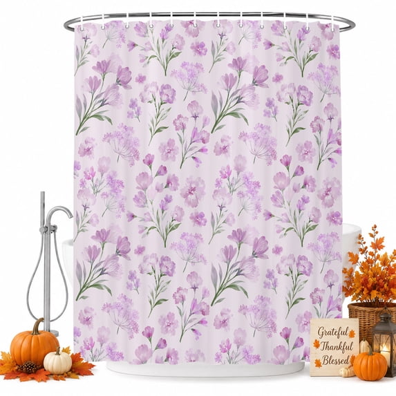 Pink Purple Spring Floral Shower Curtain Set - 48" x 72" Washable Bathtub Curtain with 12 Hooks, Green Botanical Wildflower Blossoms Waterproof Fabric Stall Shower Curtains for Bathroom Décor