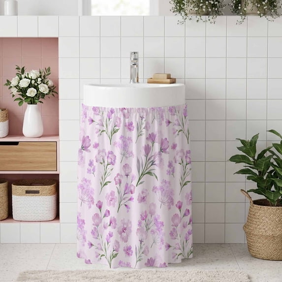 Pink Purple Spring Floral Small Sink Skirt, Bathroom Vanity Cabinet Adhesive Curtain, Green Botanical Wildflower Blossoms Utility Under Sink Cover Decorative Kitchen Cabinet Curtains 10"x11"