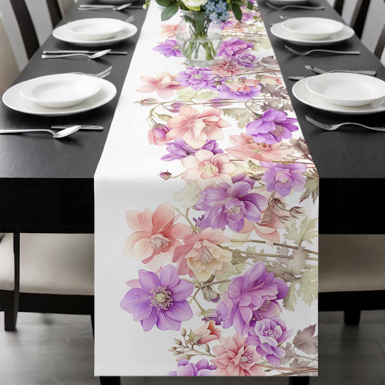 Pink Purple Spring Floral Table Runner 70 Inches Long, Summer Flower Botanical Kitchen Coffee Dining Table Decoration for Home Party Birthday Wedding Home Decor 13x70 Inches