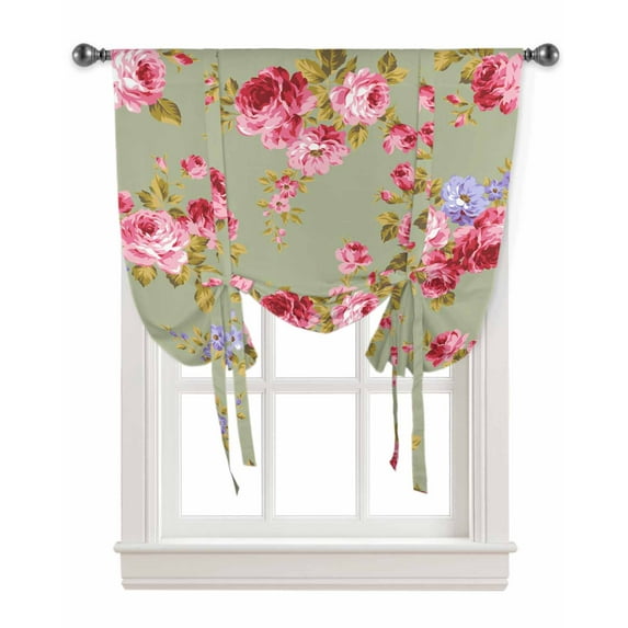 Pink Purple Spring Floral Tie Up Curtains for Kitchen Bathroom Bedroom Windows 63 Inch Length, Sage Green Vintage Summer Botanical Balloon Drape Curtains Shade Rod Pocket Curtain Panel, 46"x63"
