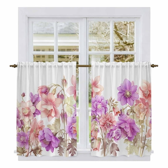 Pink Purple Spring Floral Tier Curtains, Summer Flower Botanical Light Filtering Kitchen Curtains, 2Pcs Rod Pocket Half Window Treatments Panels for Sink Cafe Cabinet Basement 27.5x45 Inches
