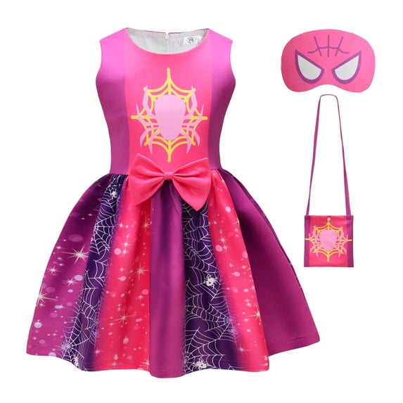 Pink Purple Superhero Spider Dress Costume with Eye Mask Bag for Festive Halloween Party Cosplay Outfit 120