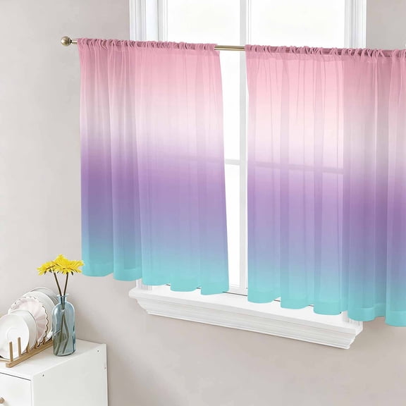 Pink Purple Teal Ombre Cream Semi Sheer Window Curtains 54 Inches Long, Modern Abstract Art Aesthetics Rod Pocket Voile Silky Chiffon Curtain Light Filtering Drapes for Living Room, 52"x54", 2 Panels
