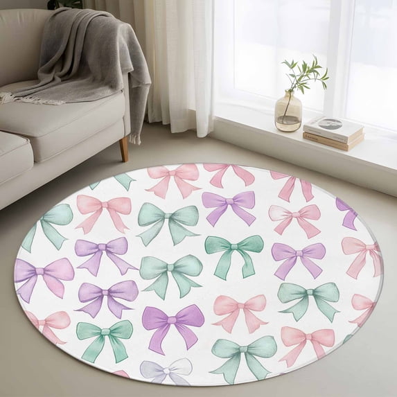 Pink Purple Teal Round Area Rug 3 FT, Small Kitchen Bathroom Mats, Watercolor Bow Farmhouse Washable Indoor Outdoor Throw Runner Carpet Non-Shedding Doormat for Table Shower Sofa Entryway