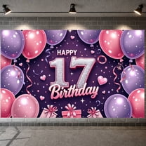 Pink Purple Theme 17th Birthday Banner Silver Glitter Design Display Heart Decorations Balloon Pattern Sweet Birthday Backdrop for 17th Birthday Party Teen Celebration Photo Shoot Prop