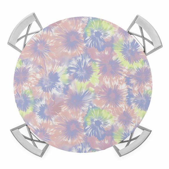 Pink Purple Tie Dye Elastic Fitted Round Table Cover Ombre Boho Abstract Art Waterproof Outdoor Tablecloth for Holiday Party, Picnic, Patio & Dining Fits Tables Up to 36"-44"