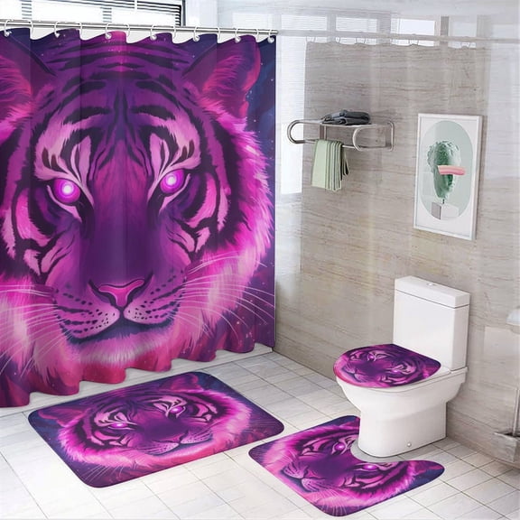 Pink And Purple Tiger Shower Curtain Sets with Rugs 4 Piece Shower Curtain Set with Shower Curtain And Rugs 4 Piece Colorful Tiger Waterproof Fabric Bath Curtains for Bathroom Decor