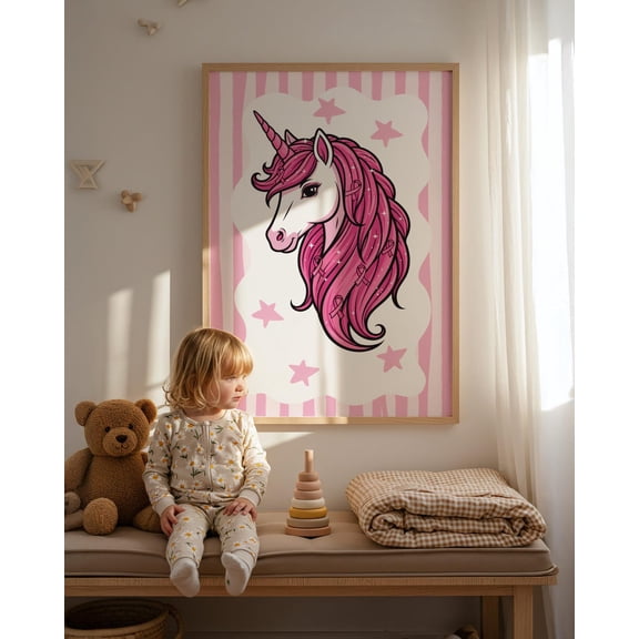 Pink & Purple Unicorn Poster - Girl Bedroom Decor, Unicorn Theme, Unicorn Decor, Nursery Posters, Girl'S Room Decor, Boho, Pink Stripe Poster, Unframed Poster Size 8x12