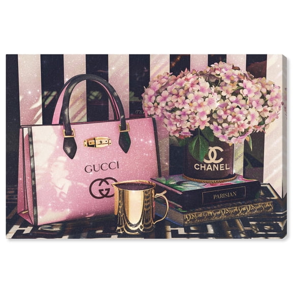 Pink Purse Books and Flowers Canvas Fashion Art Prints by Art Remedy, Gallery Wrapped, 36" x 24"