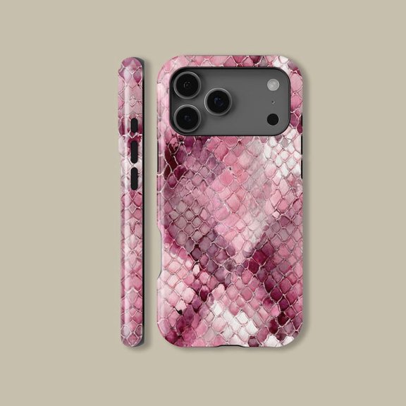 Pink Python Print Tough Phone Case, Trendy Snake Animal Pattern Dual Layer Shock Absorbing Protective Hard Shell Cover, Compatible with iPhone 13 Pro