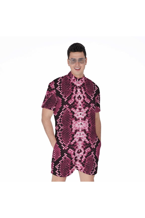 Pink Python Snakeskin Short Sleeve Men'S Rompers, Snakes Python Casual Summer Jumpsuits Outfit