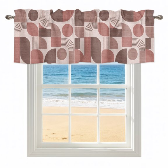 Pink Quarter Circles Valances for Windows, Rod Pocket Kitchen Valance Curtains - Soft & Washable Small Window Treatment for Living Room, Bathroom, Modern Geometric Arch Lines 42x12inch, 1 Panel