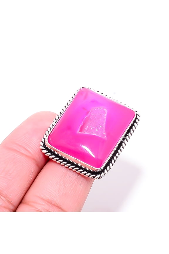 Pink Quartz Drusy - India Designer Handmade 925 Sterling Silver Ring S.6.5 R1