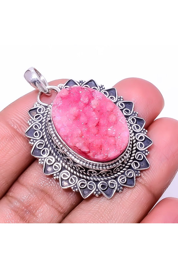 Pink Quartz Drusy - India Fine Art 925 Sterling Silver Pendant 1.76" P93952057