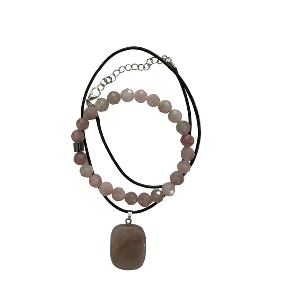 Pink Quartz Natural Stone Bracelet and Necklace Set, Adjustable 8 Inch Bracelet, Gift Boxed
