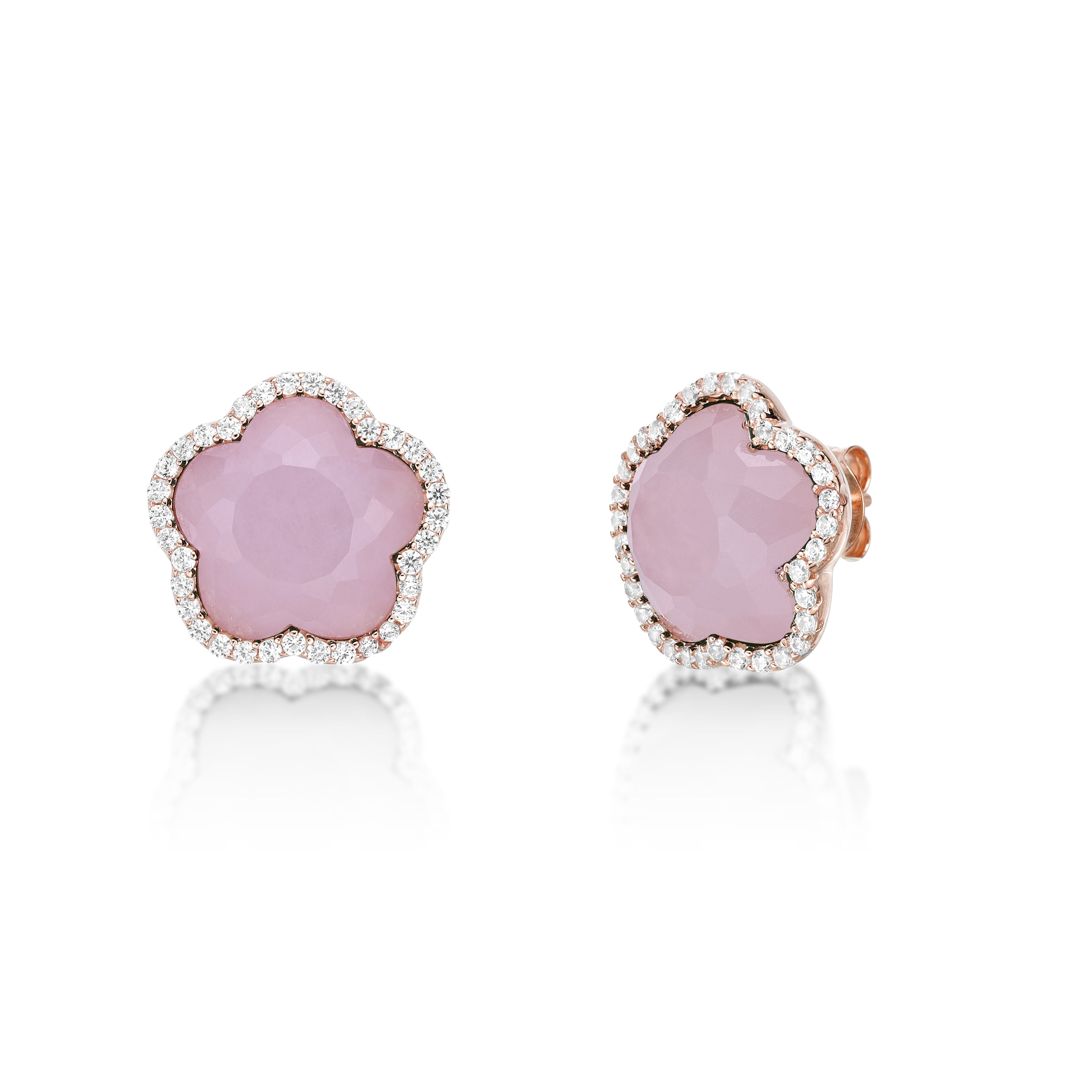 Pink Quartz and Cubic Zirconia Five Petal Flower Stud Earrings in 925 Sterling Silver with Rose Gold Plating with Friction Back by Lavari Jewelers