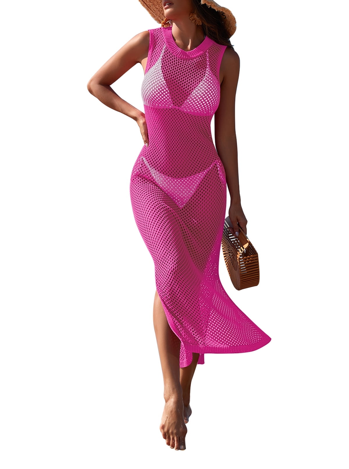 Pink Queen 2024 Women Crochet Swimsuit Cover Up Hollow Out Sleeveless